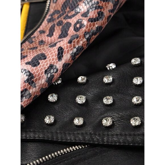 Women Faux Leather Motorcycle Jacket Multicolor Stand Collar with Pockets Coat - Picture 3 of 5